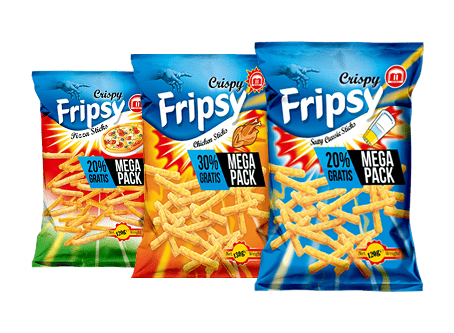 Асортимент снеків FRIPSY – Cheese, Chicken, BBQ, Pizza, Italian Mix та Sour Cream & Onion